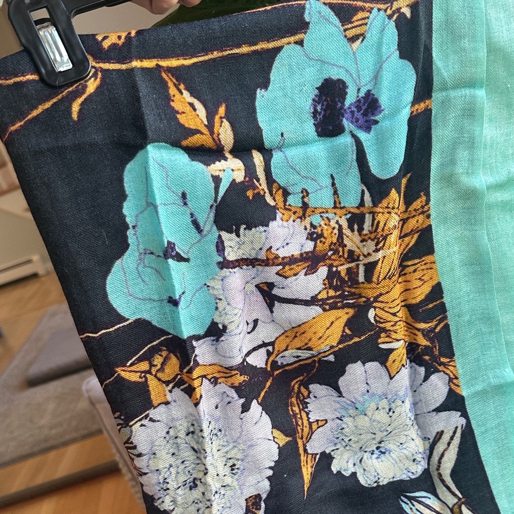 Floral Print Lightweight Scarf with Teal Border Approx 80”x26”